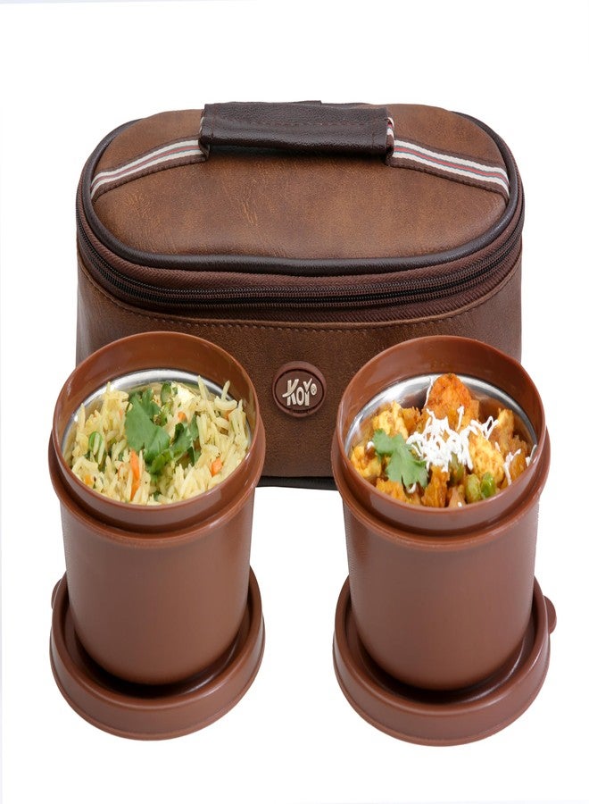 كوي طقم علبتي غداء أفقيتين من KOI Bitebox: مانعة للتسرب وآمنة للاستخدام في الميكروويف، تحتوي على حاويتين داخليتين من الفولاذ (450 مل)، وحقيبة قماشية معزولة لحفظ الوجبة كاملة، سهلة الحمل (بني ممبيس). - Image 1